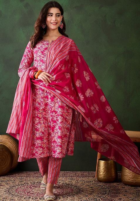Pink Printed Viscose Kurta Set
