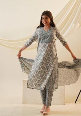 Grey Printed Viscose Kurta Set