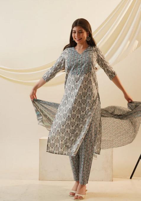 Grey Printed Viscose Kurta Set