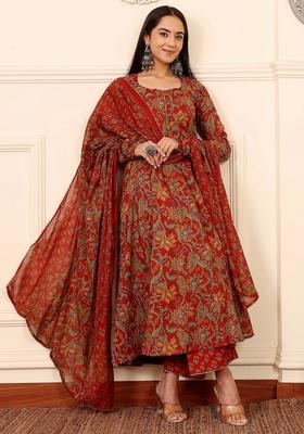 Red Printed Viscose Kurta Set