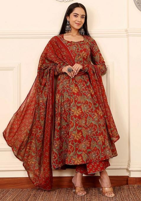 Red Printed Viscose Kurta Set