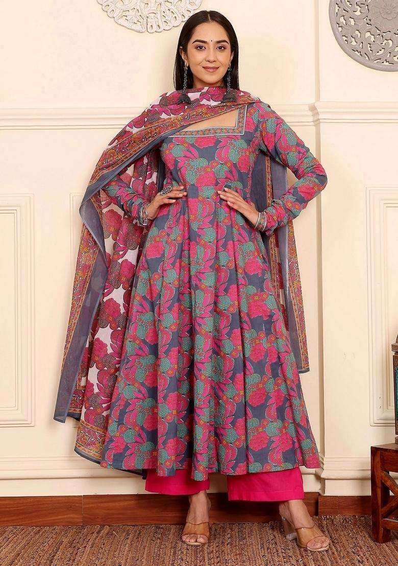 Multicolor Floral Print Viscose Anarkali Set - Indya