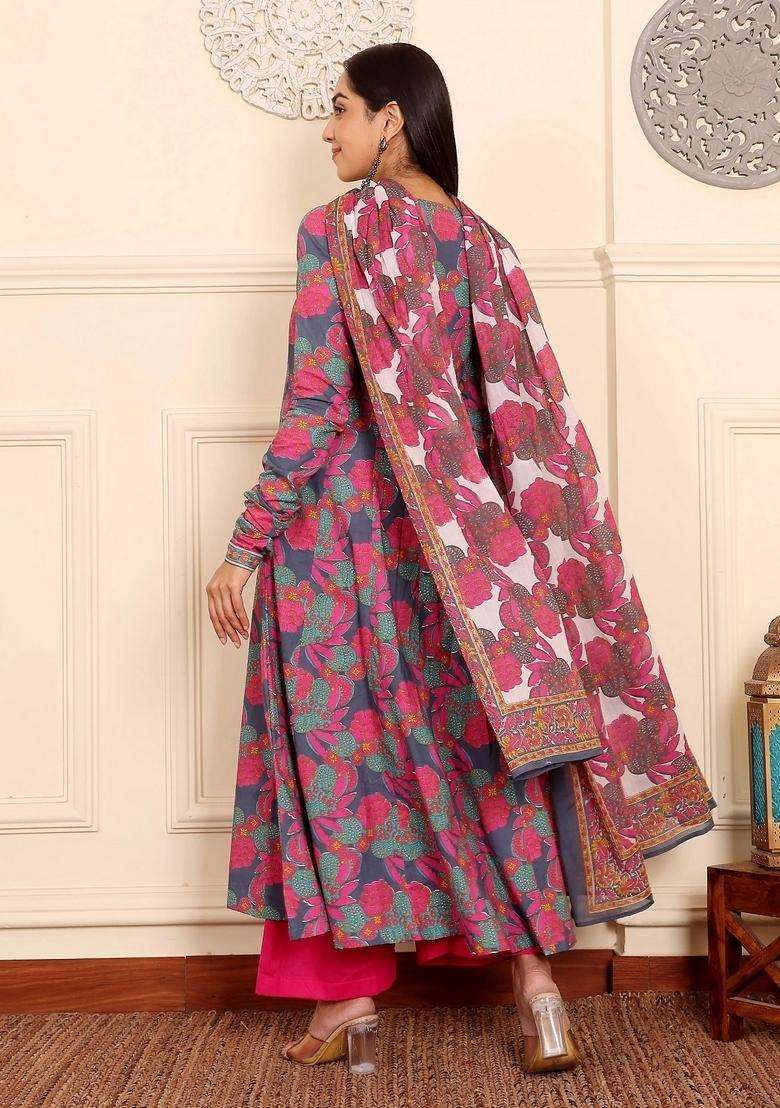 Multicolor Floral Print Viscose Anarkali Set - Indya