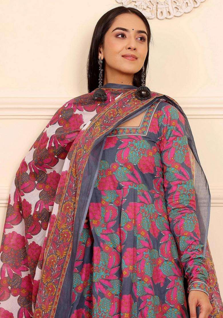 Multicolor Floral Print Viscose Anarkali Set - Indya