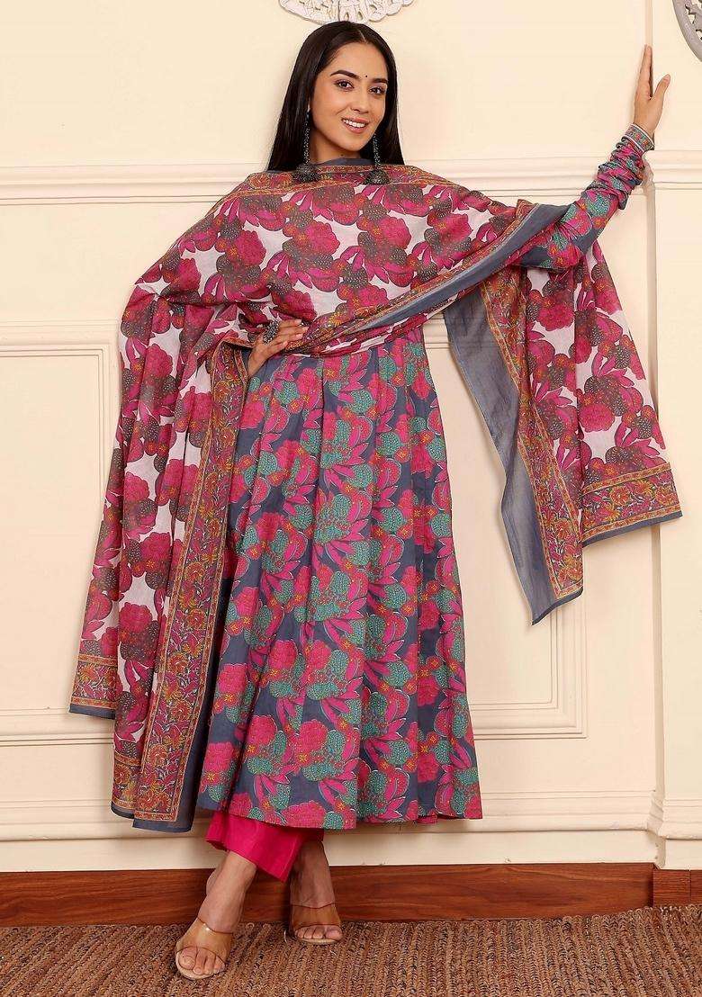 Multicolor Floral Print Viscose Anarkali Set - Indya