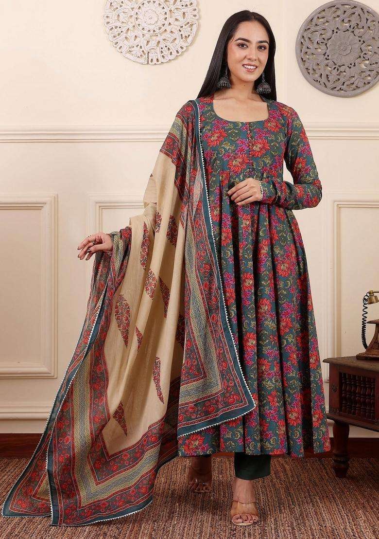 Multicolor Floral Print Viscose Anarkali Set - Indya