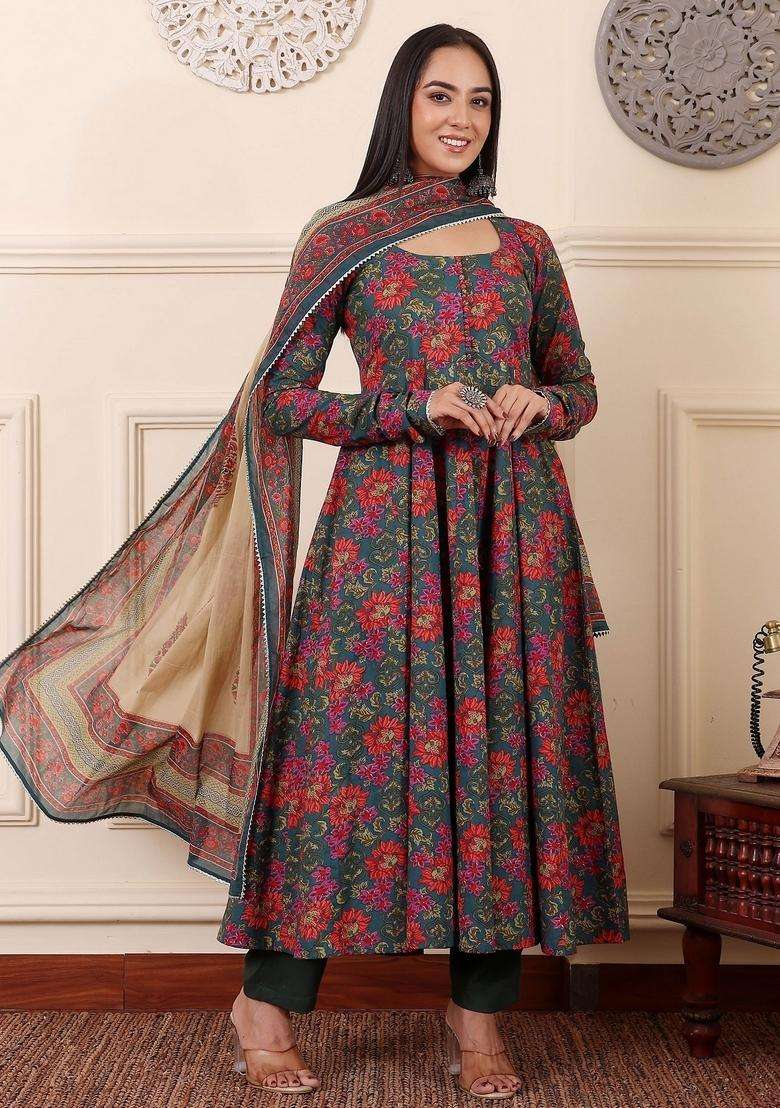Multicolor Floral Print Viscose Anarkali Set - Indya