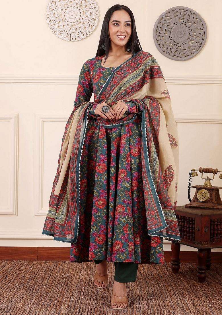 Multicolor Floral Print Viscose Anarkali Set - Indya