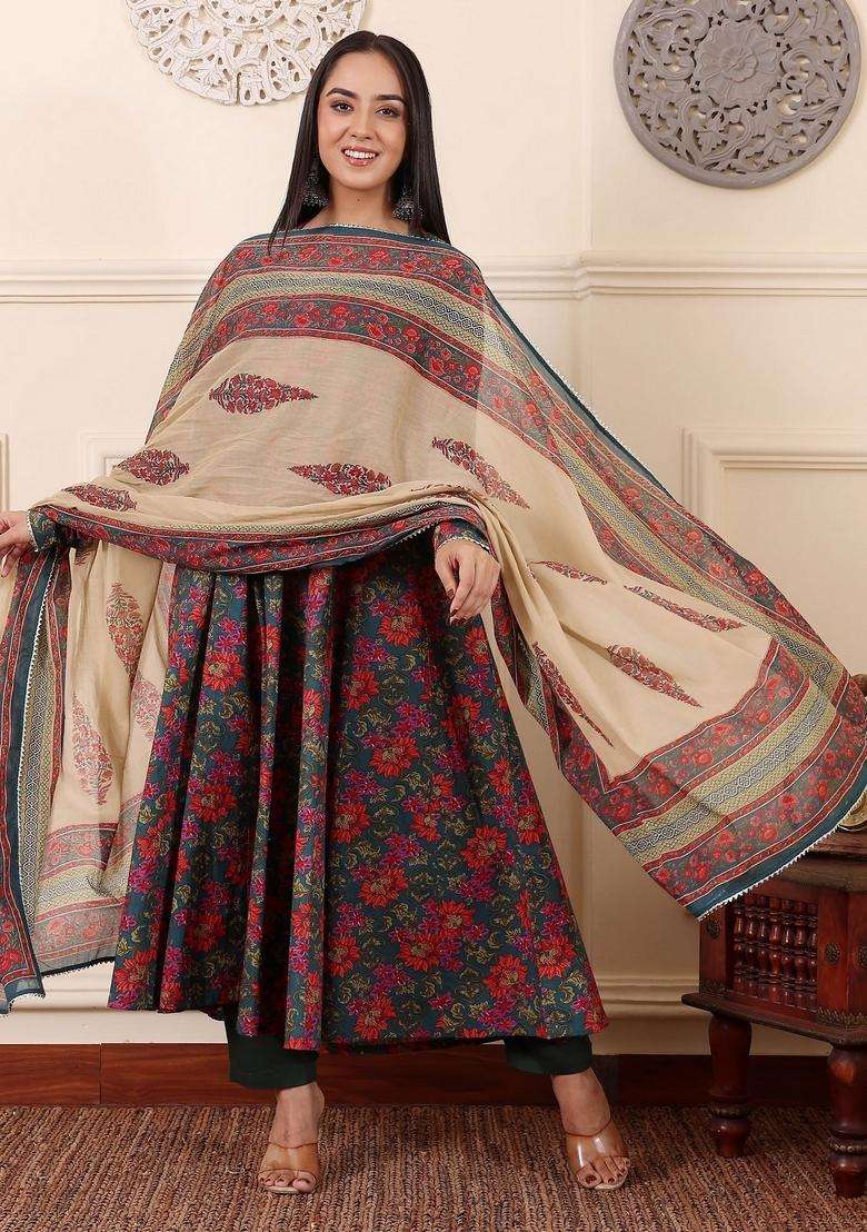 Multicolor Floral Print Viscose Anarkali Set - Indya