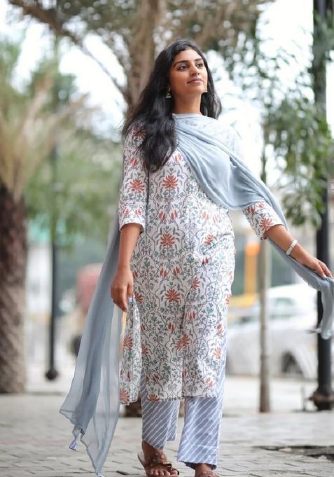 White Printed Viscose Kurta Set