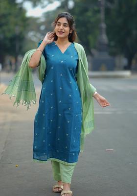 Teal Blue Printed Viscose Kurta Set