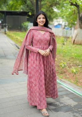 Red Printed Viscose Anarkali Set