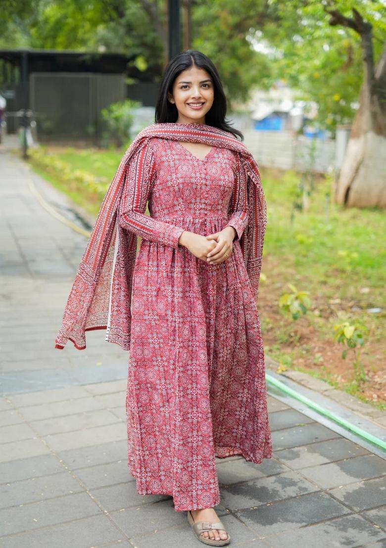 Red Printed Viscose Anarkali Set - Indya