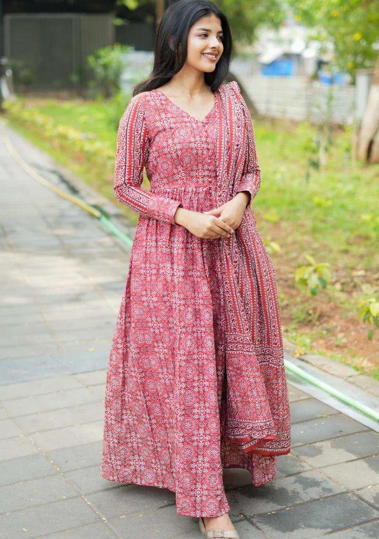 Red Printed Viscose Anarkali Set - Indya