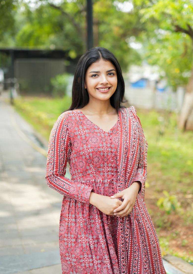 Red Printed Viscose Anarkali Set - Indya