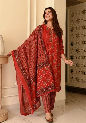 Red Printed Viscose Kurta Set