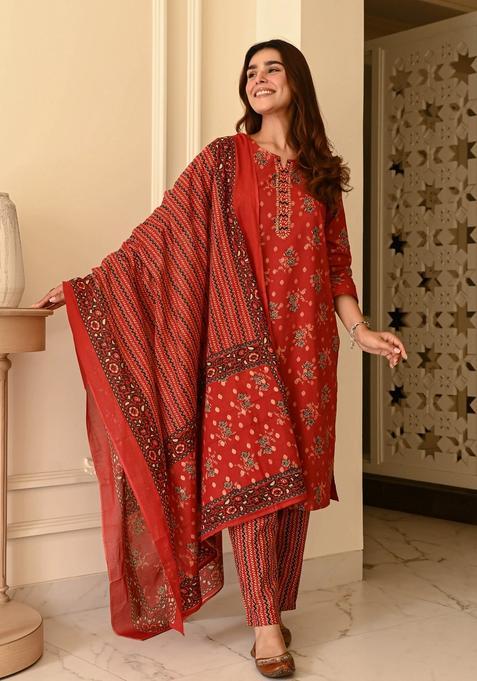 Red Printed Viscose Kurta Set