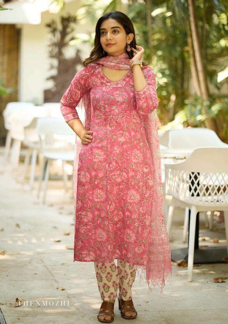 Pink Floral Print Viscose Straight Kurta Set - Indya