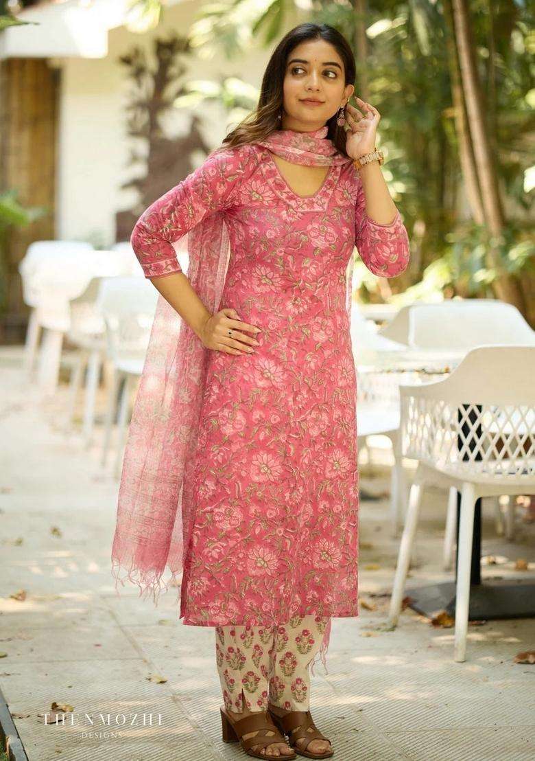 Pink Floral Print Viscose Straight Kurta Set - Indya