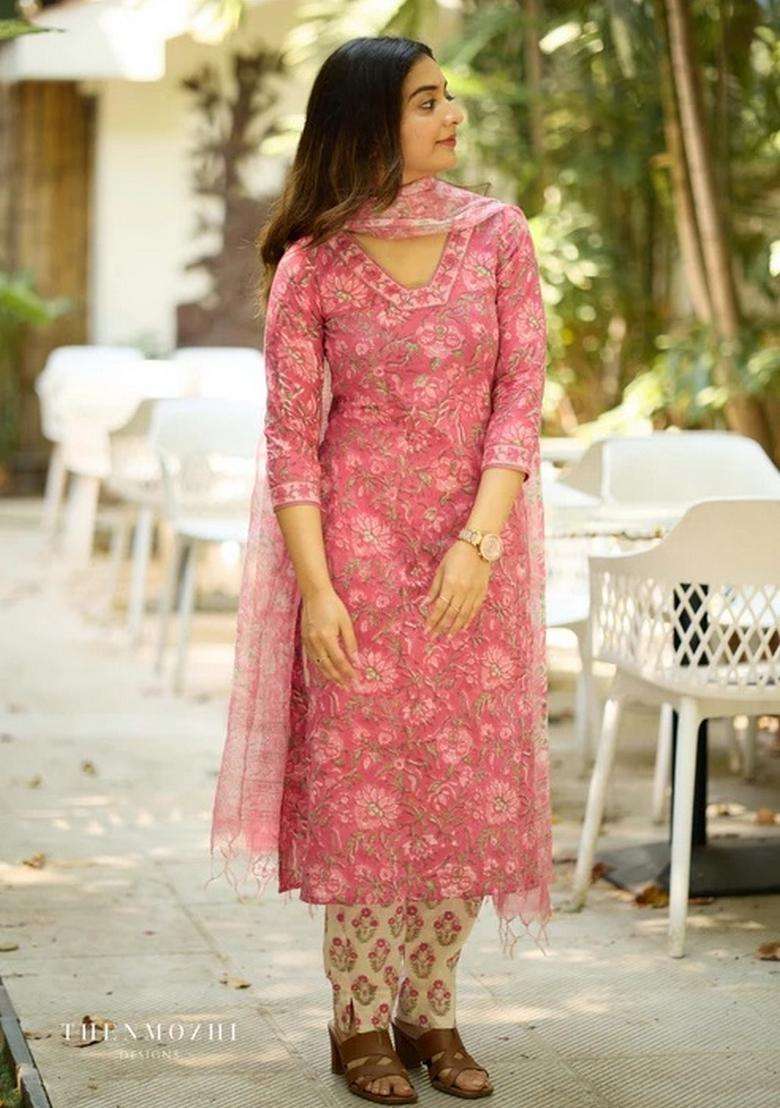 Pink Floral Print Viscose Straight Kurta Set - Indya
