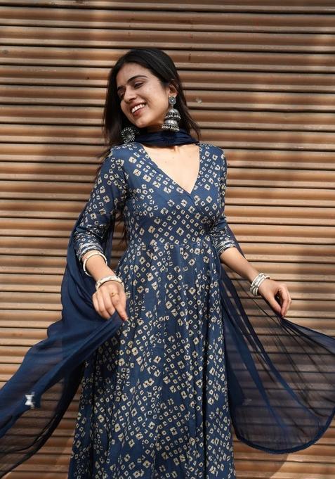 Blue Floral Print Viscose Kurta Set