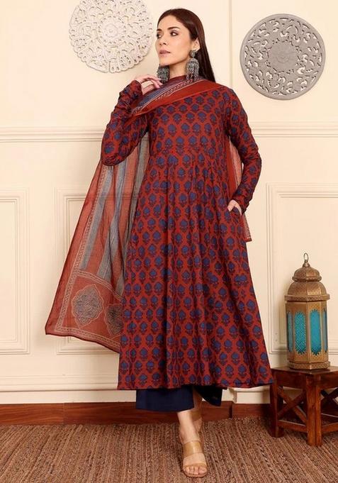 Navy Blue And Rust Floral Print Viscose Kurta Set