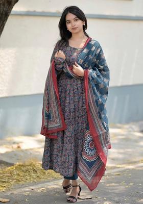 Navy Blue Printed Viscose Kurta Set