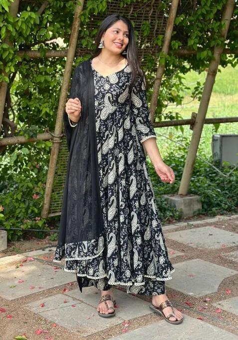 Black Printed Viscose Kurta Set