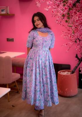 Lavender Printed Viscose Anarkali Set