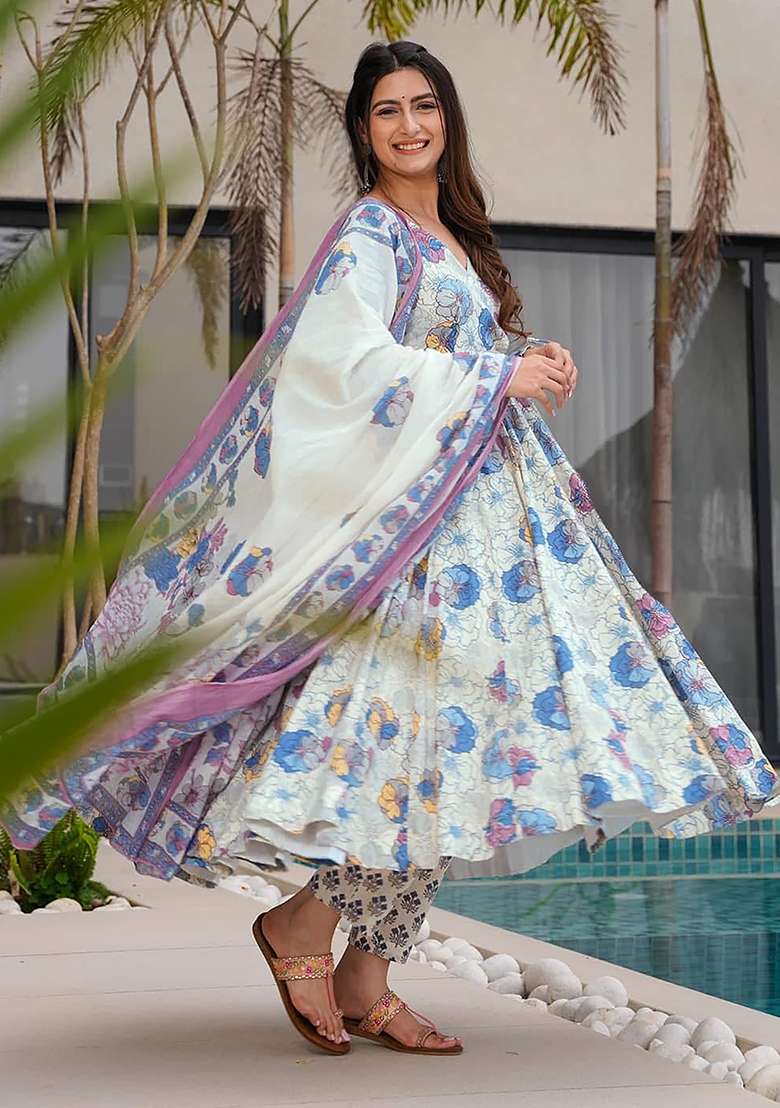 White Printed Maslin Anarkali Set - Indya