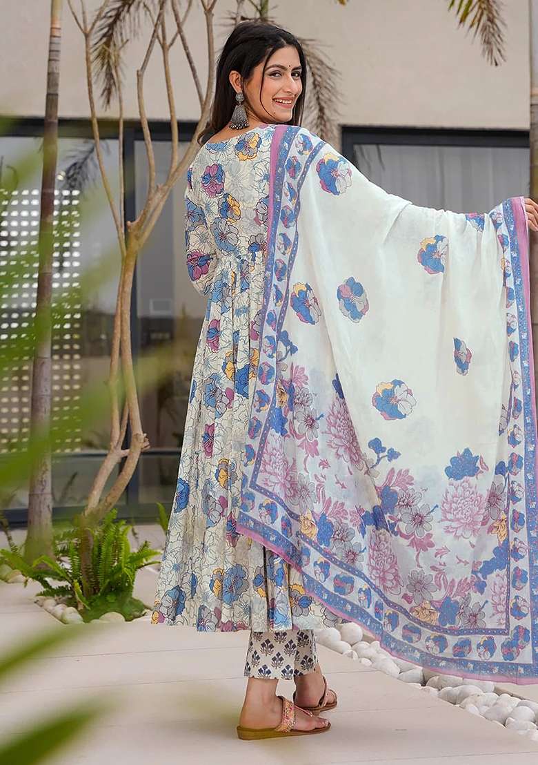 White Printed Maslin Anarkali Set - Indya