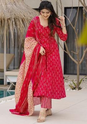 Pink Printed Maslin Anarkali Set