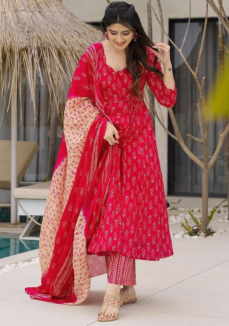 Pink Printed Maslin Anarkali Set - Indya