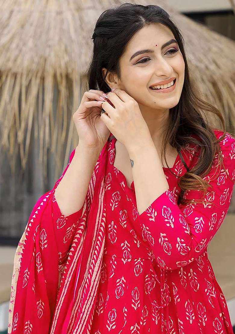 Pink Printed Maslin Anarkali Set - Indya