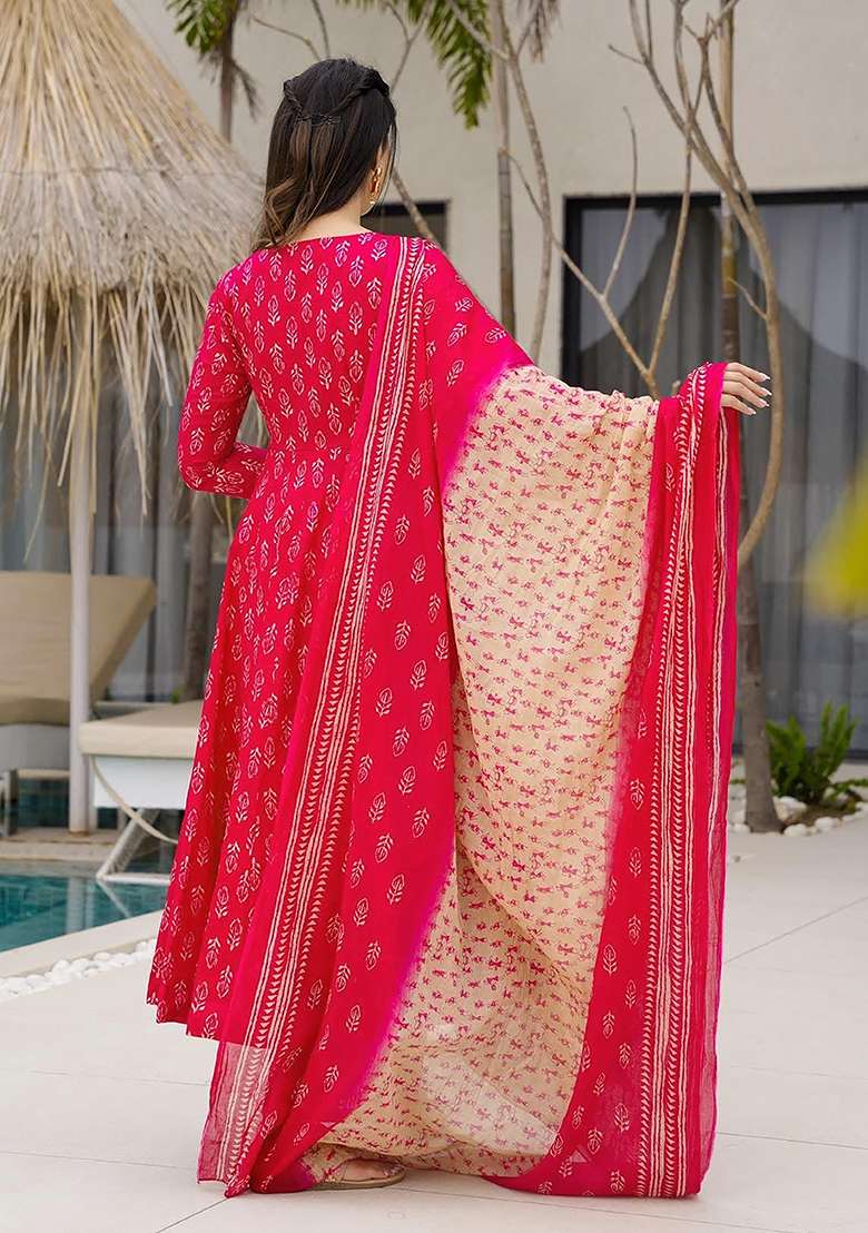 Pink Printed Maslin Anarkali Set - Indya