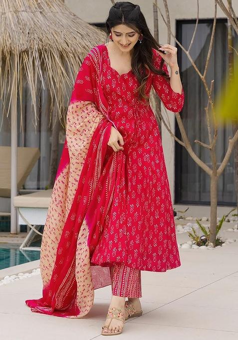 Pink Printed Maslin Anarkali Set