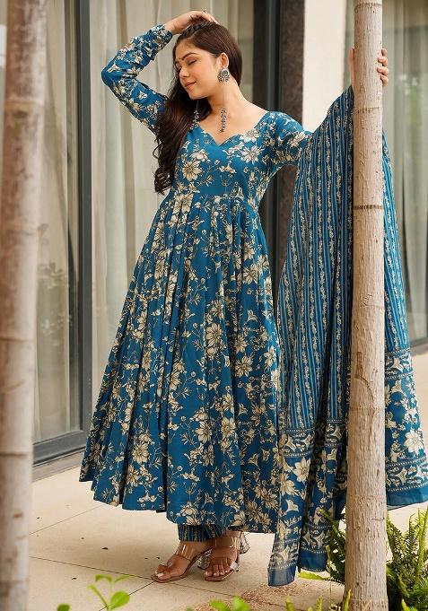 Rama Printed Maslin Anarkali Set