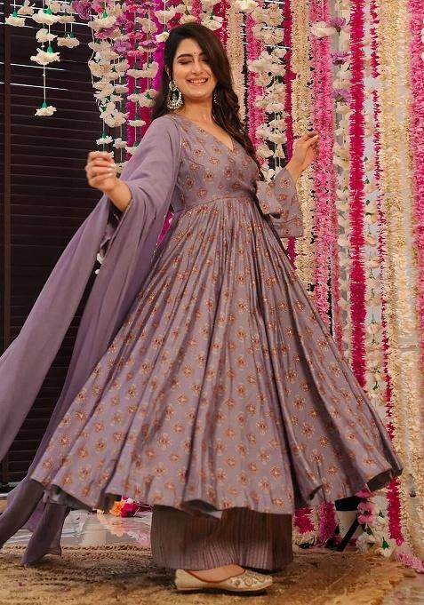 Onion Printed Maslin Anarkali Set
