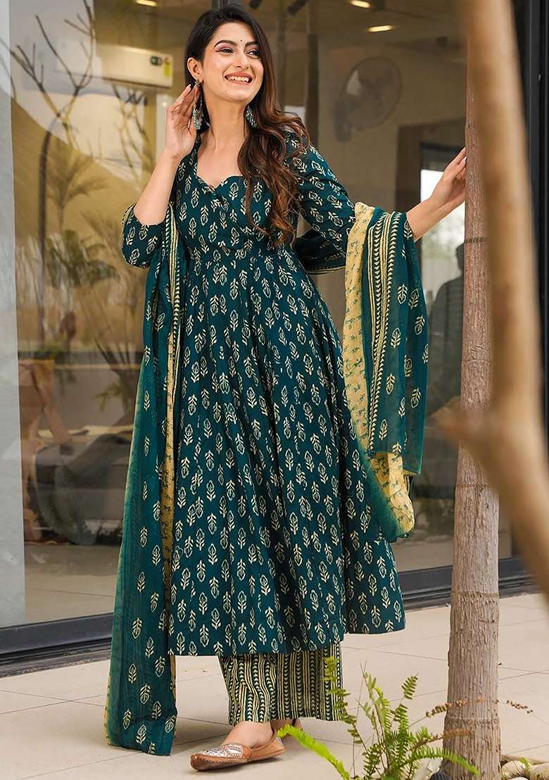 Teal Printed Maslin Anarkali Set - Indya