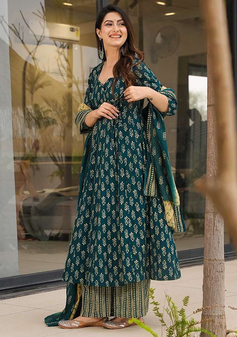 Teal Printed Maslin Anarkali Set - Indya