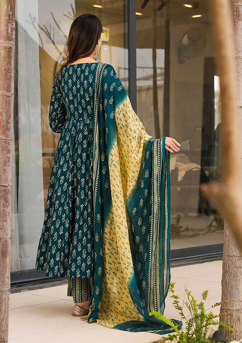 Teal Printed Maslin Anarkali Set - Indya