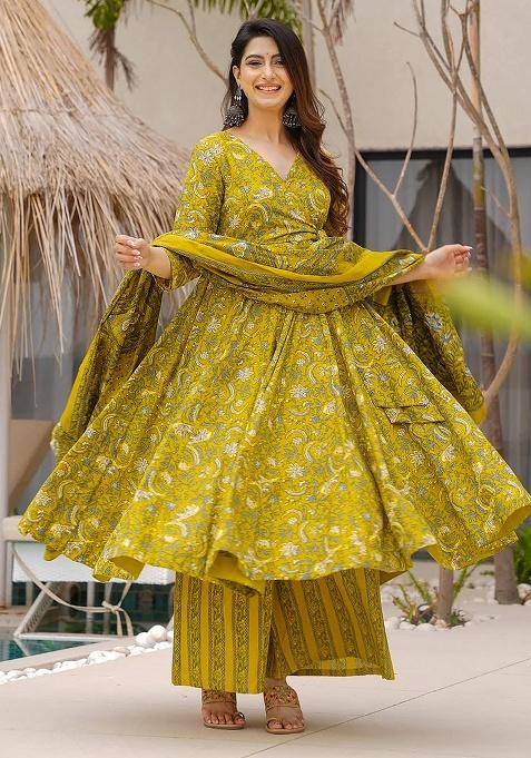 Pista Printed Maslin Anarkali Set