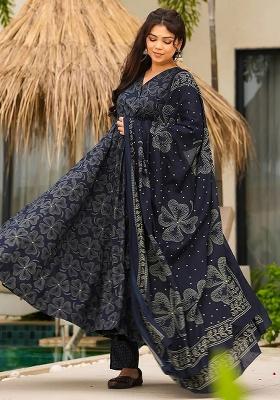 Navy Blue Printed Maslin Anarkali Set