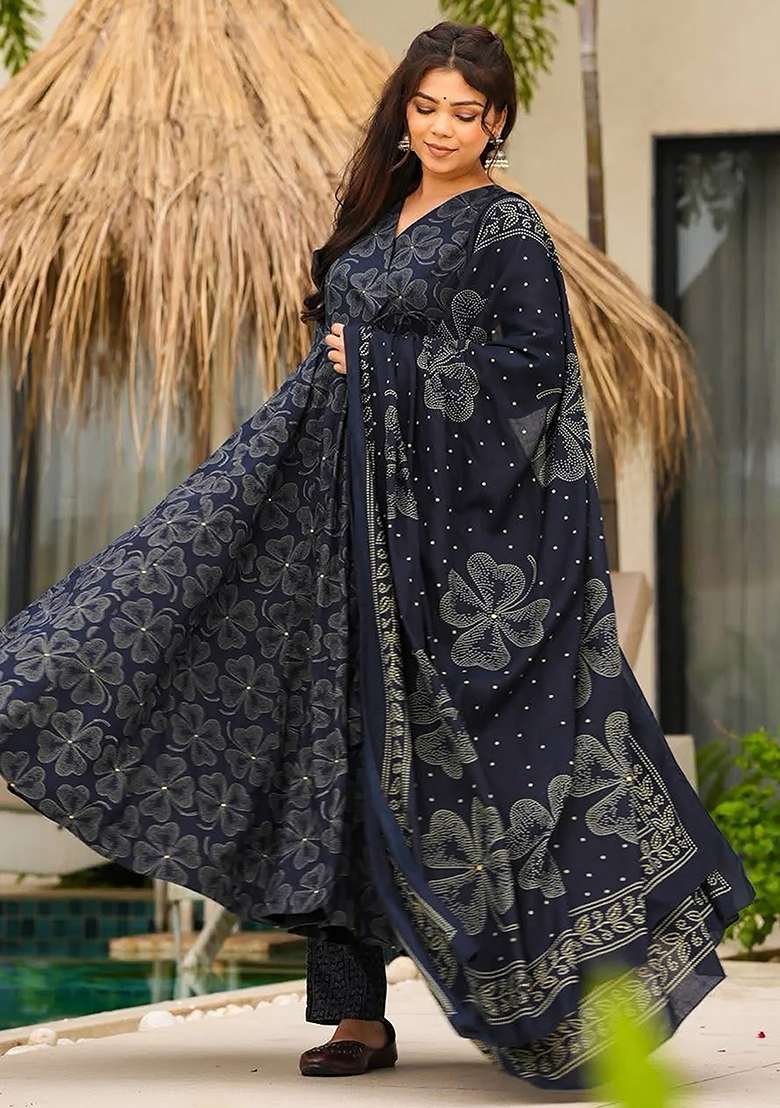 Navy Blue Printed Maslin Anarkali Set - Indya