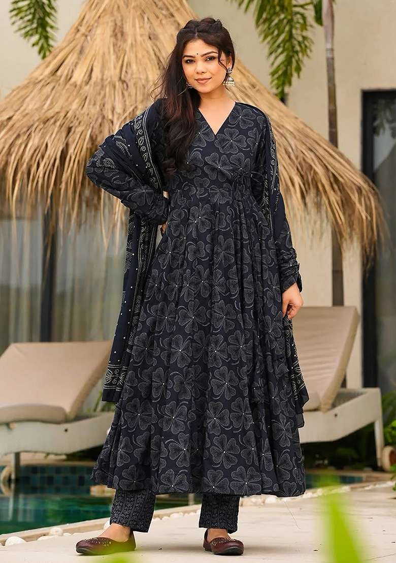 Navy Blue Printed Maslin Anarkali Set - Indya