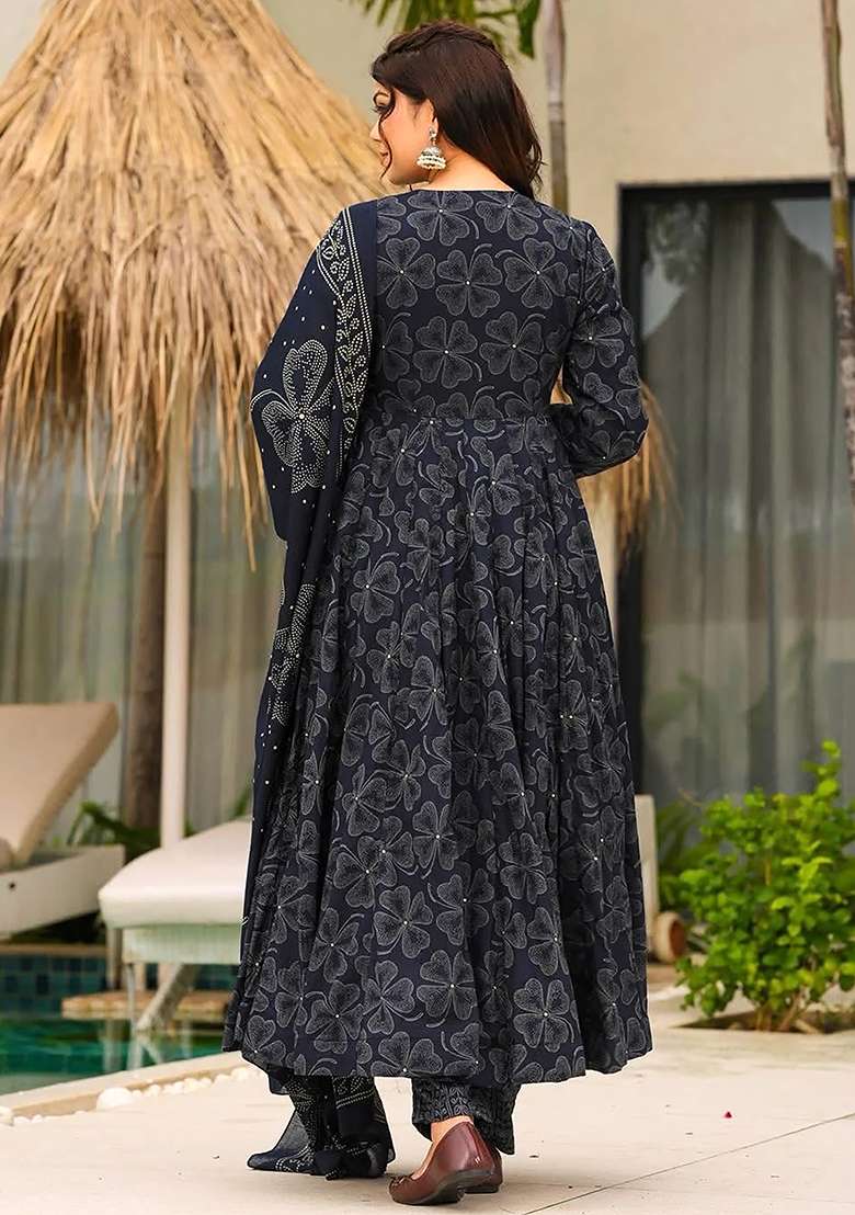 Navy Blue Printed Maslin Anarkali Set - Indya