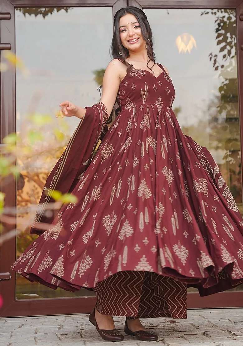Maroon Printed Maslin Anarkali Set - Indya