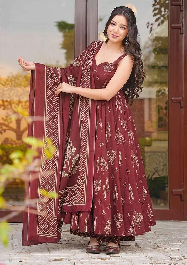 Maroon Printed Maslin Anarkali Set - Indya
