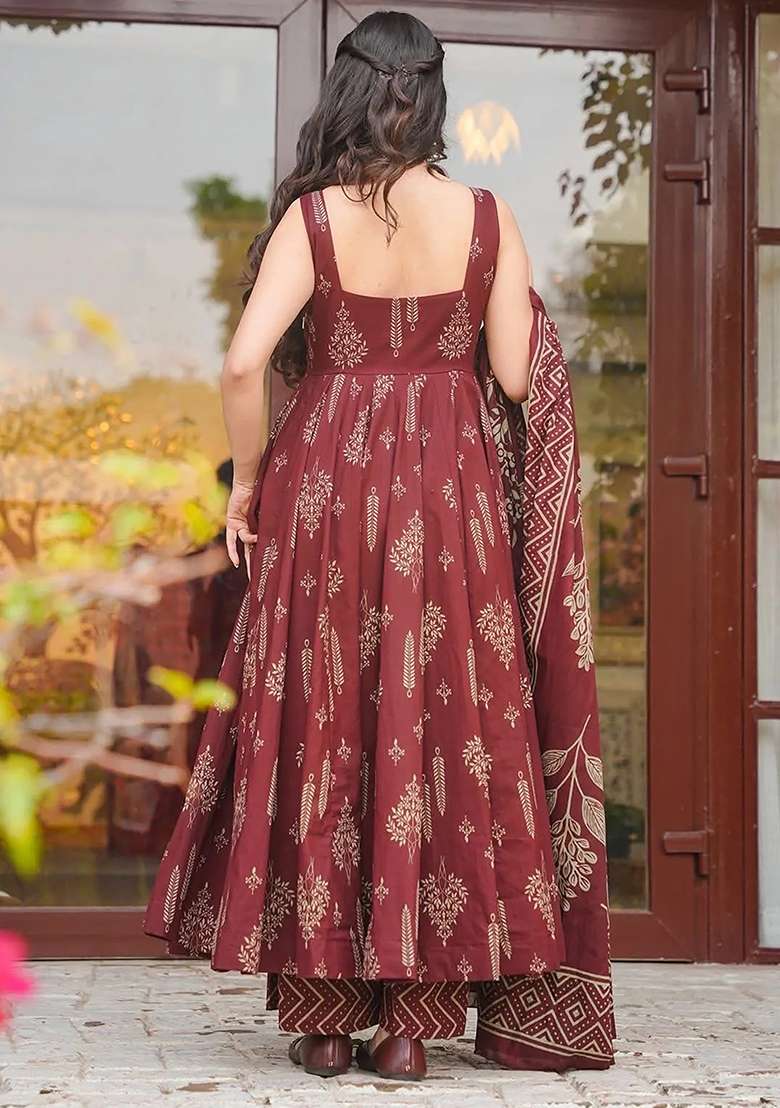 Maroon Printed Maslin Anarkali Set - Indya