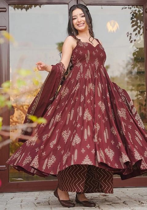 Maroon Printed Maslin Anarkali Set